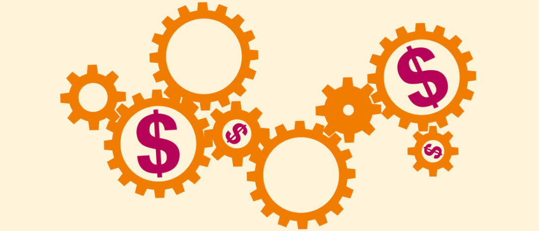 Graphic of cogs with money symbols.