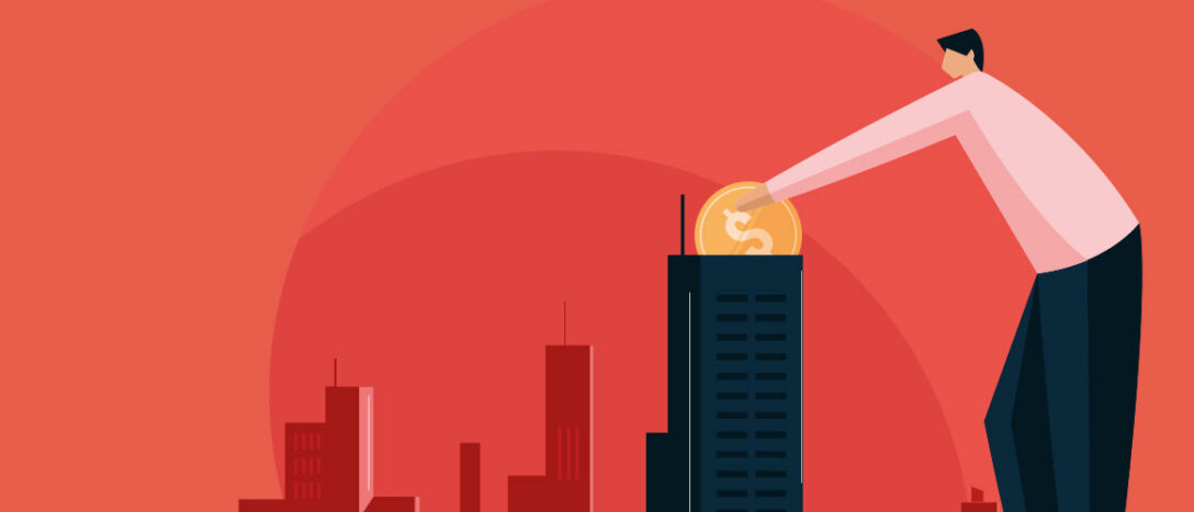 Graphic of a person putting a coin in a building.