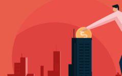 Graphic of a person putting a coin in a building.