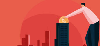 Graphic of a person putting a coin in a building.