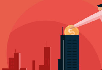 Graphic of a person putting a coin in a building.