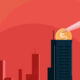 Graphic of a person putting a coin in a building.