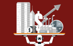 Graphic of a robot holding up real estate business concept.