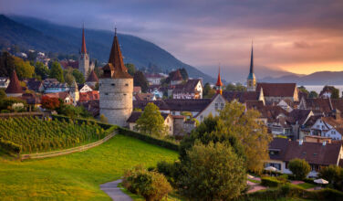 Cityscape image of Zug, Switzerland on a beautiful autumn sunset.