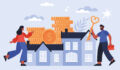 Illustration of people holding keys to building with stacks of coins on the roof.