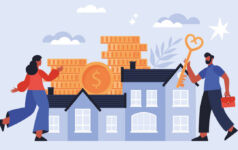 Illustration of people holding keys to building with stacks of coins on the roof.