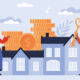 Illustration of people holding keys to building with stacks of coins on the roof.