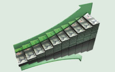 Stacked yen and an upwards pointing arrow