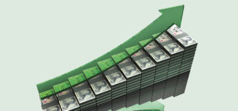 Stacked yen and an upwards pointing arrow