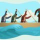An illustration of 4 businessmen rowing in a boat