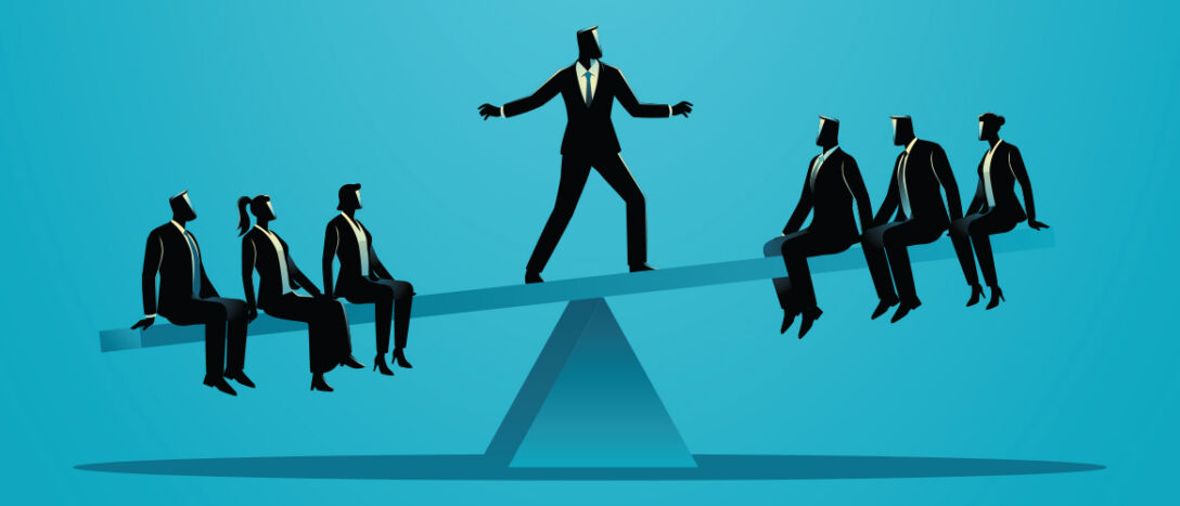 Cover_Business balancing Image of a business person standing in the middle of a seesaw, balancing between a split 6-person group.
