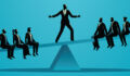 Public REITsโ balancing act Image of a business person standing in the middle of a seesaw, balancing between a split 6-person group.
