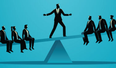 Public REITsโ balancing act Image of a business person standing in the middle of a seesaw, balancing between a split 6-person group.