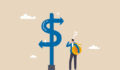 Money decision, investment choice or option to make profit, buy or rent, pay off debt or invest, select best earning asset, confused businessman investor hold money coin choose dollar direction signs.