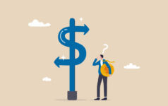 Money decision, investment choice or option to make profit, buy or rent, pay off debt or invest, select best earning asset, confused businessman investor hold money coin choose dollar direction signs.