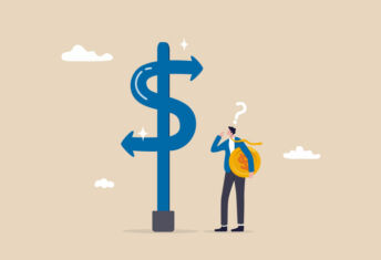 Investors are writing real estate checks, just not necessarily to funds Money decision, investment choice or option to make profit, buy or rent, pay off debt or invest, select best earning asset, confused businessman investor hold money coin choose dollar direction signs.