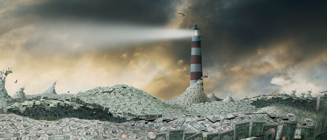 Lighthouse_money An illustration of a lighthouse amidst a sea made of US dollar notes