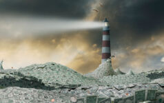 An illustration of a lighthouse amidst a sea made of US dollar notes