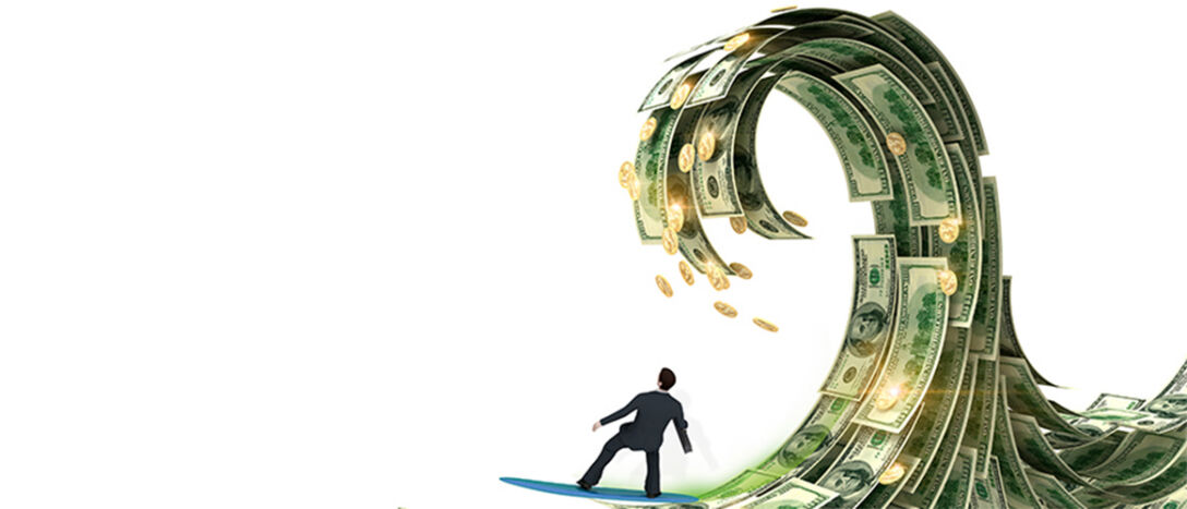 Man surfing on wave of money An illustration of a businessman riding a wave comprised of dollar notes