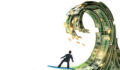 An illustration of a businessman riding a wave comprised of dollar notes