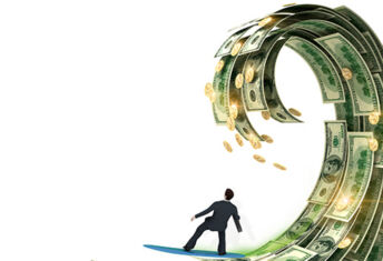 Private real estate rides the recap wave An illustration of a businessman riding a wave comprised of dollar notes
