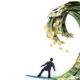 An illustration of a businessman riding a wave comprised of dollar notes