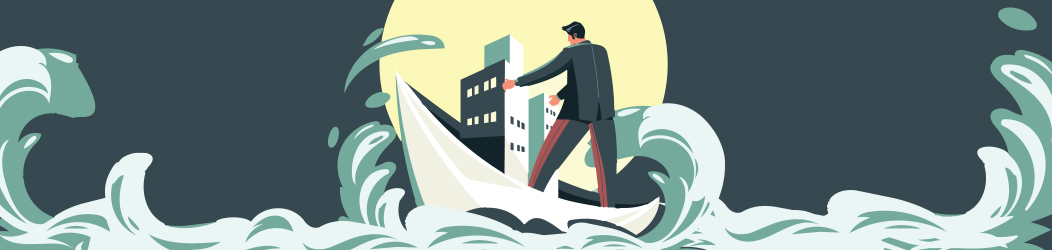 Paperboat_roughtideswaves_1052x A businessman stands on a boat in rocky waters