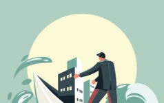 Secondaries & Recapitalizations An illustration of a businessman standing on a boat in rocky waters