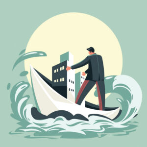 An illustration of a businessman standing on a boat in rocky waters