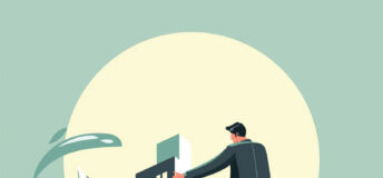An illustration of a businessman standing on a boat in rocky waters