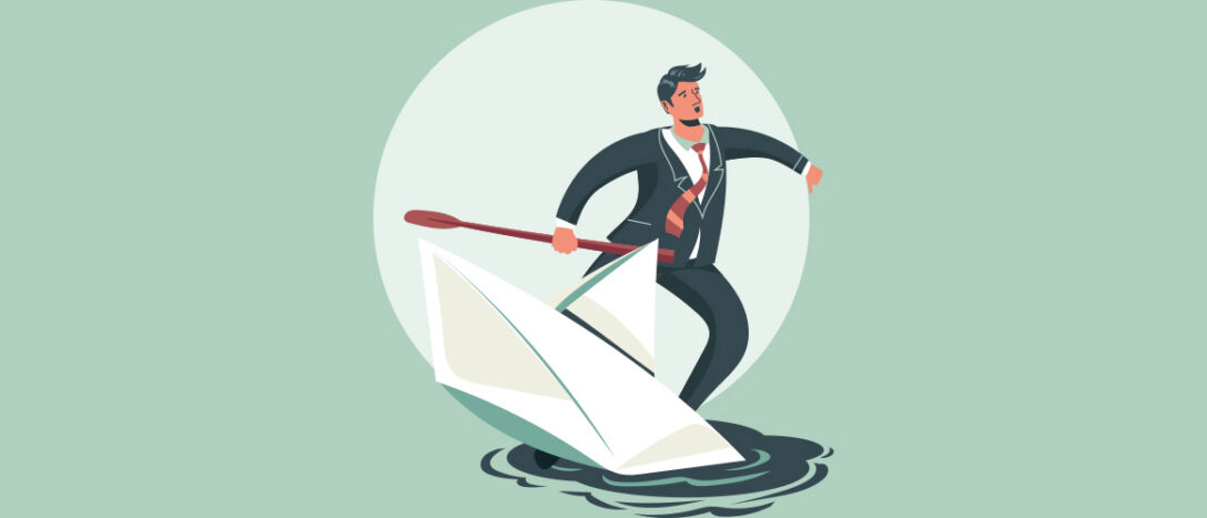 Paperboat_sinking_v2 An illustration of a businessman standing on a paper boat