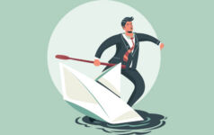 An illustration of a businessman standing on a paper boat