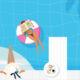 Illustration of figures relaxing by and in a pool from above