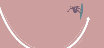 Figure on a surfboard riding an upward arrow
