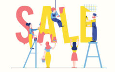 Illustration of people painting letters spelling 'sale.'