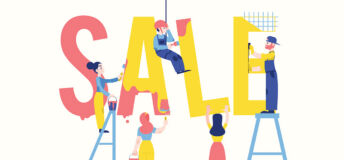 Illustration of people painting letters spelling 'sale.'