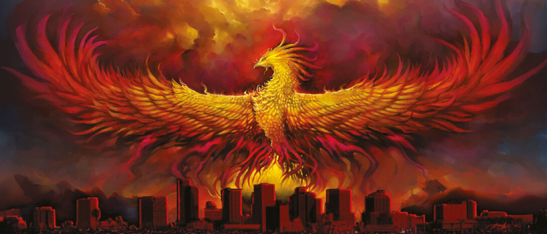 T9 phoenix A fiery phoenix rising above a cityscape