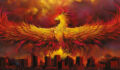A fiery phoenix rising above a cityscape