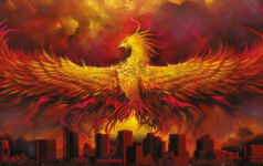 A fiery phoenix rising above a cityscape