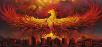 A fiery phoenix rising above a cityscape