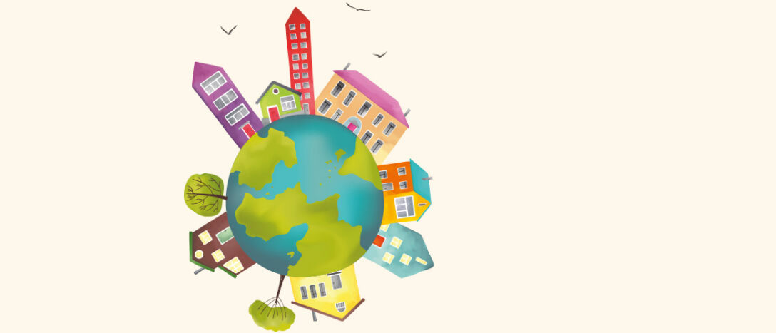 Illustration of Earth circled by different homes and buildings.