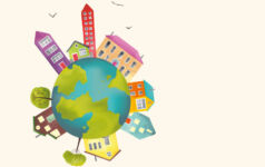 Illustration of Earth circled by different homes and buildings.