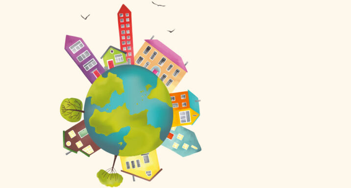 Illustration of Earth circled by different homes and buildings.