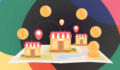Small shops on map flat vector illustration. Small company or restaurant with gold coins. Development, franchising, finances investment concept for banner