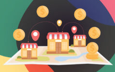 Small shops on map flat vector illustration. Small company or restaurant with gold coins. Development, franchising, finances investment concept for banner