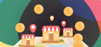 Small shops on map flat vector illustration. Small company or restaurant with gold coins. Development, franchising, finances investment concept for banner