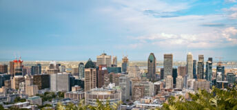 Montreal skyline, view from the Mont Royal viewpoint in Montreal, Quebec.