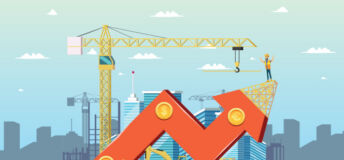 Illustration of an arrow pointing upward in front of construction.
