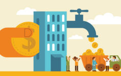StepStone Real Estate on addressing the great valuation divide Illustration of a person putting a coin inside of a building with a money tap releasing smaller coins.