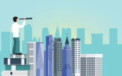 Manulife Investment Management on finding an attractive vintage for core and core-plus investing Illustration of a man looking at a city through a telescope.